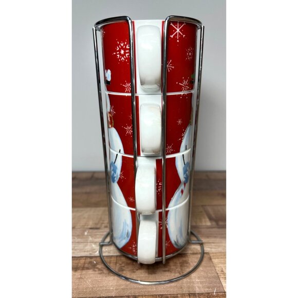 Pier 1 Imports Snowman Stacking Mug Set With Stand - Porcelain Holiday Cups - Picture 2 of 7